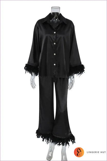 Pyjama Set with Feather Cuffs - Evening Drama for All Season, Boudoir, Evening Wear, Glamour,
