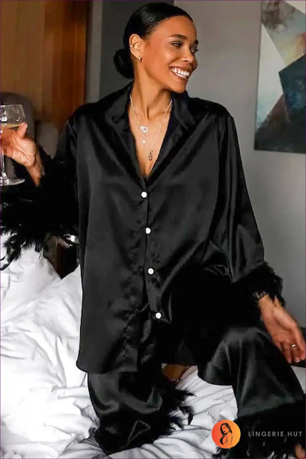 Pyjama Set with Feather Cuffs - Evening Drama for All Season, Boudoir, Evening Wear, Glamour,