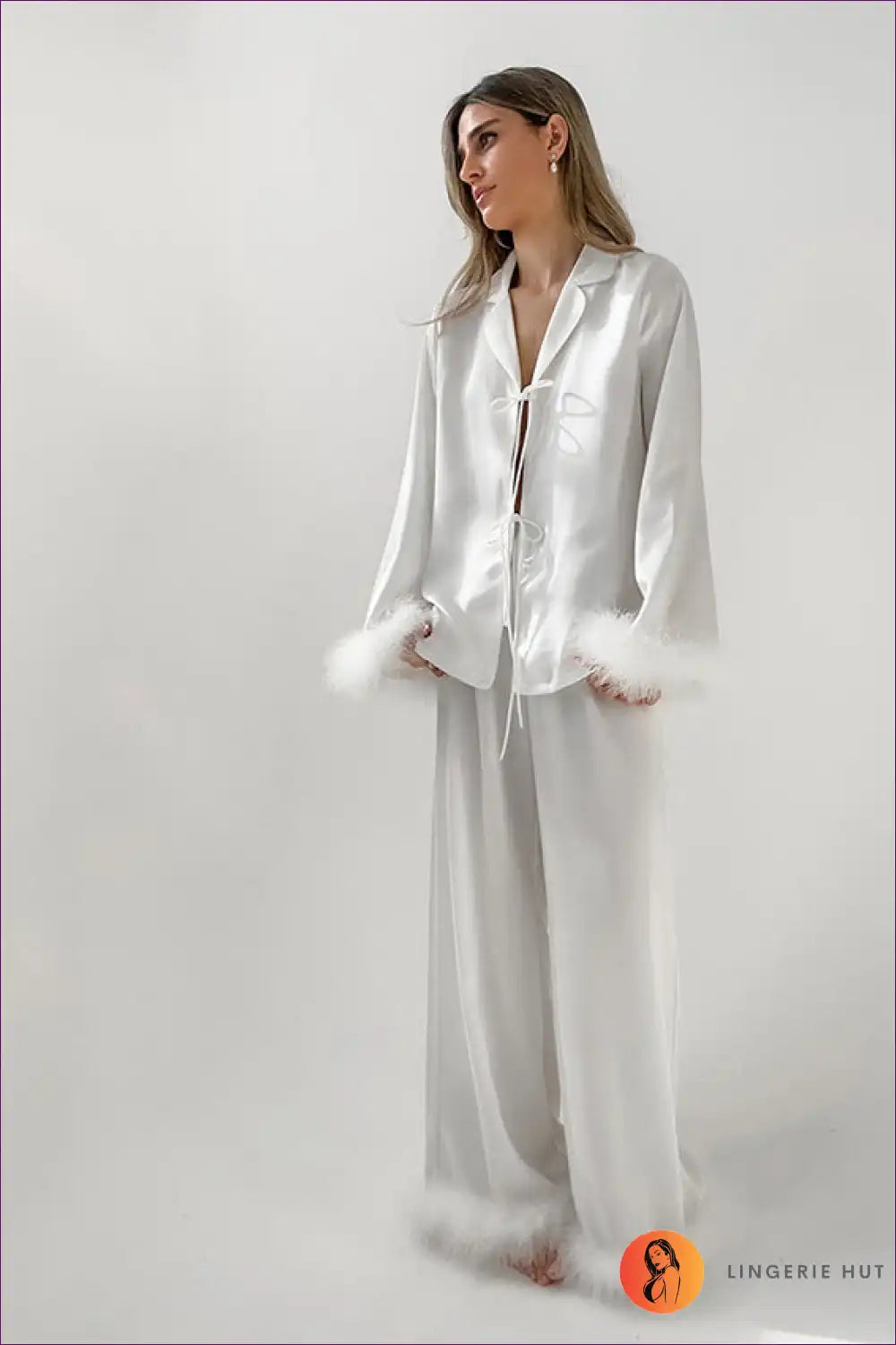 Pyjama Set with Feather Trim - Luxe Lounging for All Season, Casual, Evening Wear, Glamour,