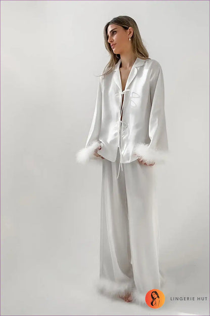 Pyjama Set with Feather Trim - Luxe Lounging for All Season, Casual, Evening Wear, Glamour,