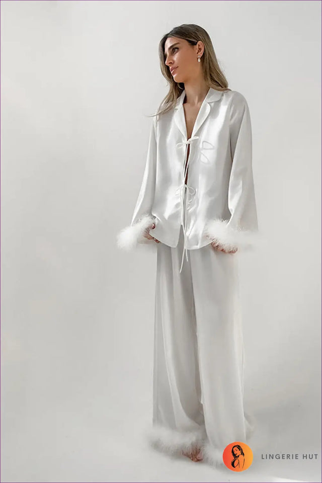 Feather Trim Pyjama Set - Elevated Lounge Luxe