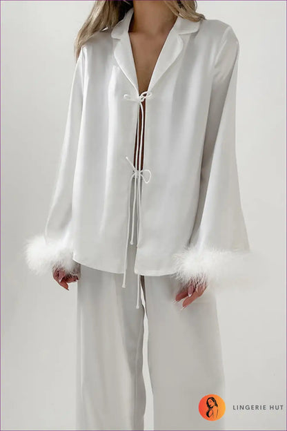 Pyjama Set with Feather Trim - Luxe Lounging for All Season, Casual, Evening Wear, Glamour,