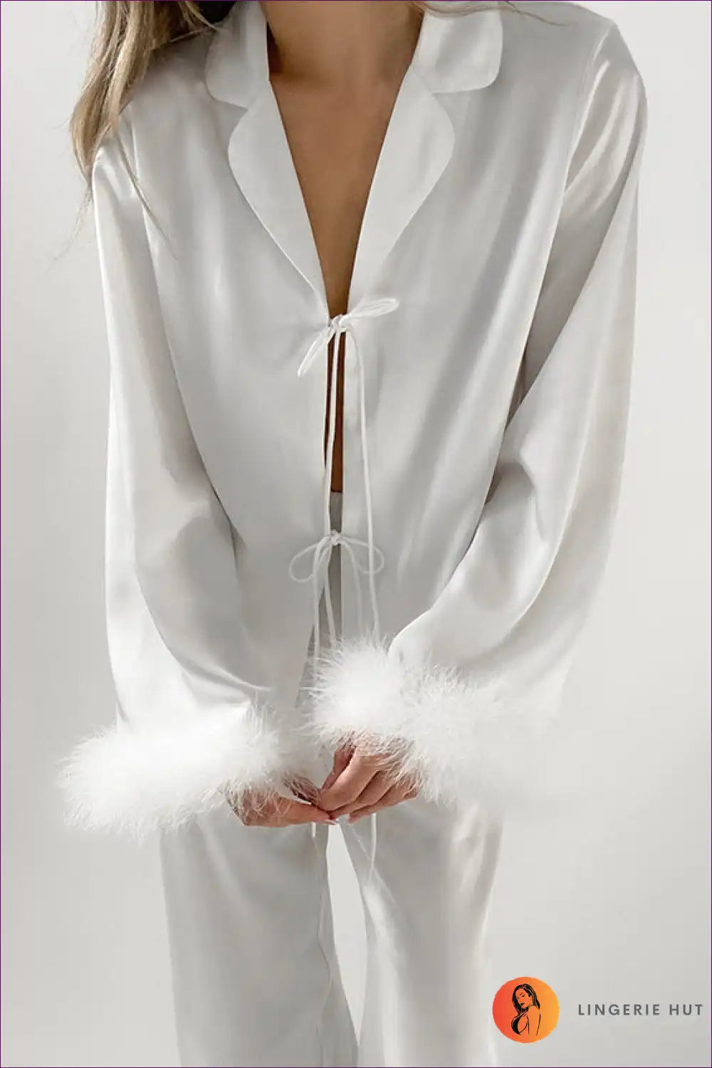 Pyjama Set with Feather Trim - Luxe Lounging for All Season, Casual, Evening Wear, Glamour,