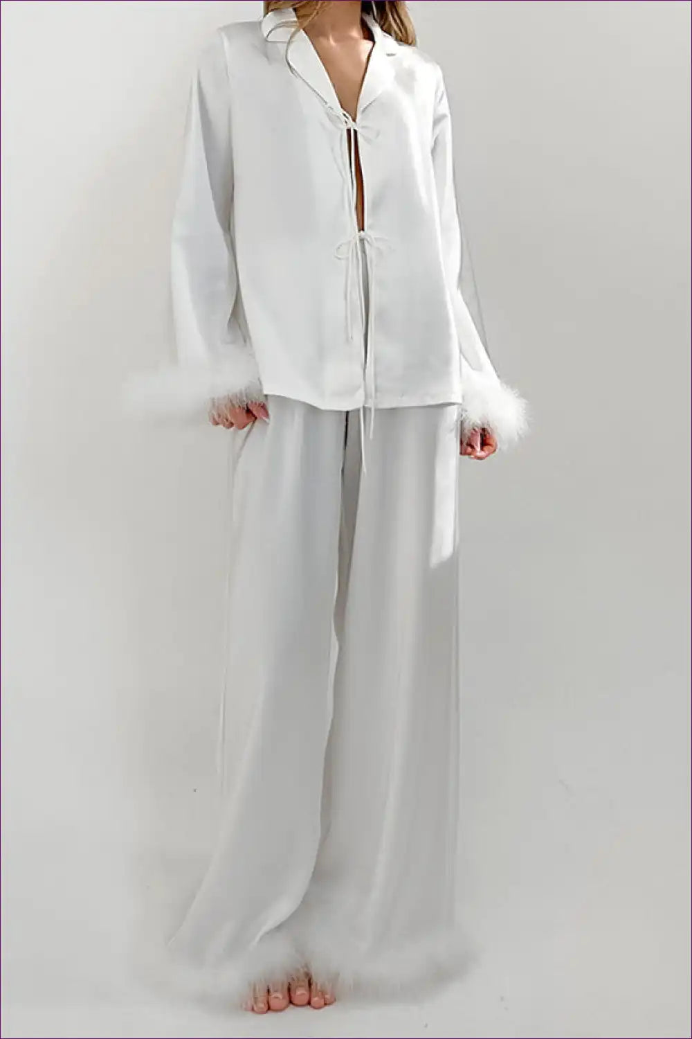 Pyjama Set with Feather Trim - Luxe Lounging for All Season, Casual, Evening Wear, Glamour,
