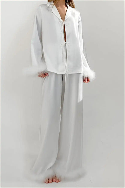 Pyjama Set with Feather Trim - Luxe Lounging for All Season, Casual, Evening Wear, Glamour,