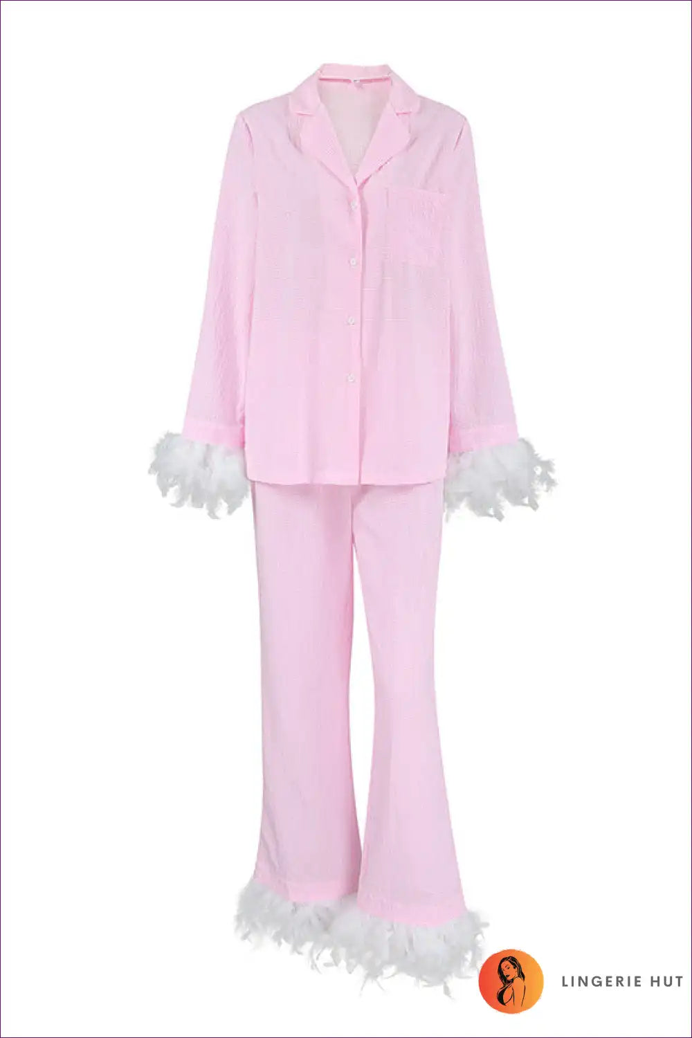 Pyjama Set with Feather Trim - Whimsical Comfort for All Season, Casual, Cotton, Everyday, Glamour