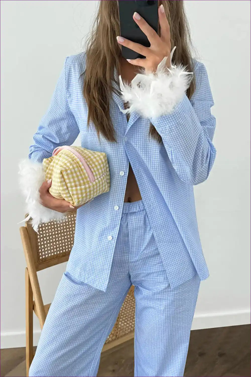 Pyjama Set with Feather Trim - Whimsical Comfort for All Season, Casual, Cotton, Everyday, Glamour