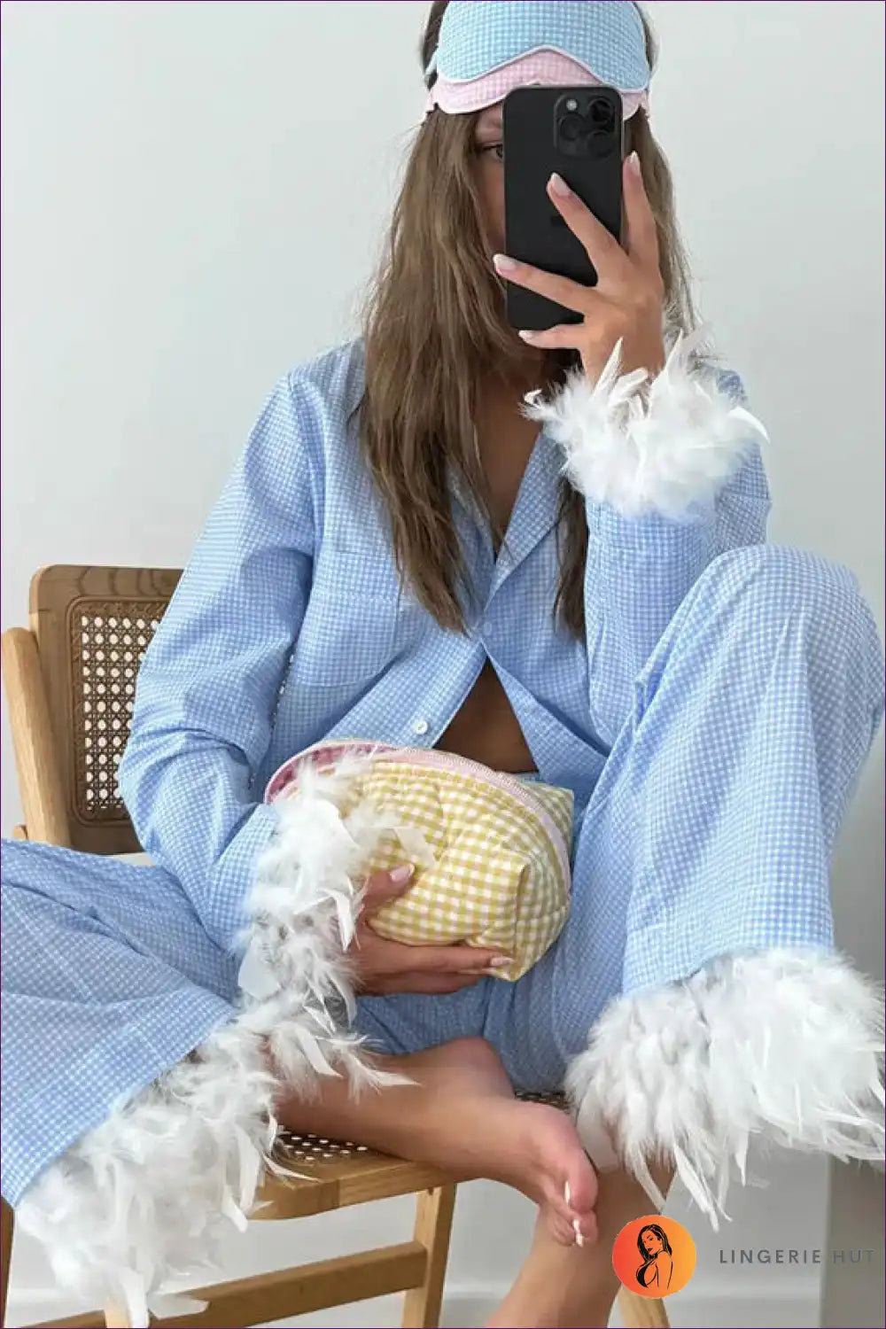 Pyjama Set with Feather Trim - Whimsical Comfort for All Season, Casual, Cotton, Everyday, Glamour