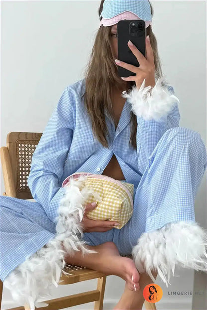 Pyjama Set with Feather Trim - Whimsical Comfort for All Season, Casual, Cotton, Everyday, Glamour