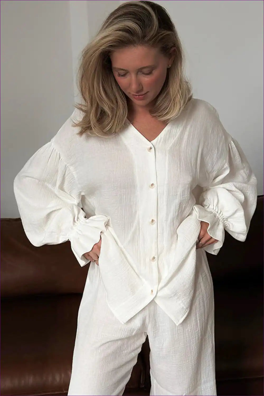 Pyjama Set with Flared Sleeves - Romantic Evenings for All Season, Boho, Casual, Chiffon, Everyday