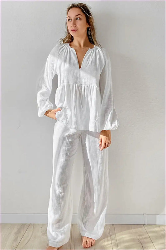 Pyjama Set with Gathered Details - Serene Mornings for All Season, Casual, Cotton, Everyday,