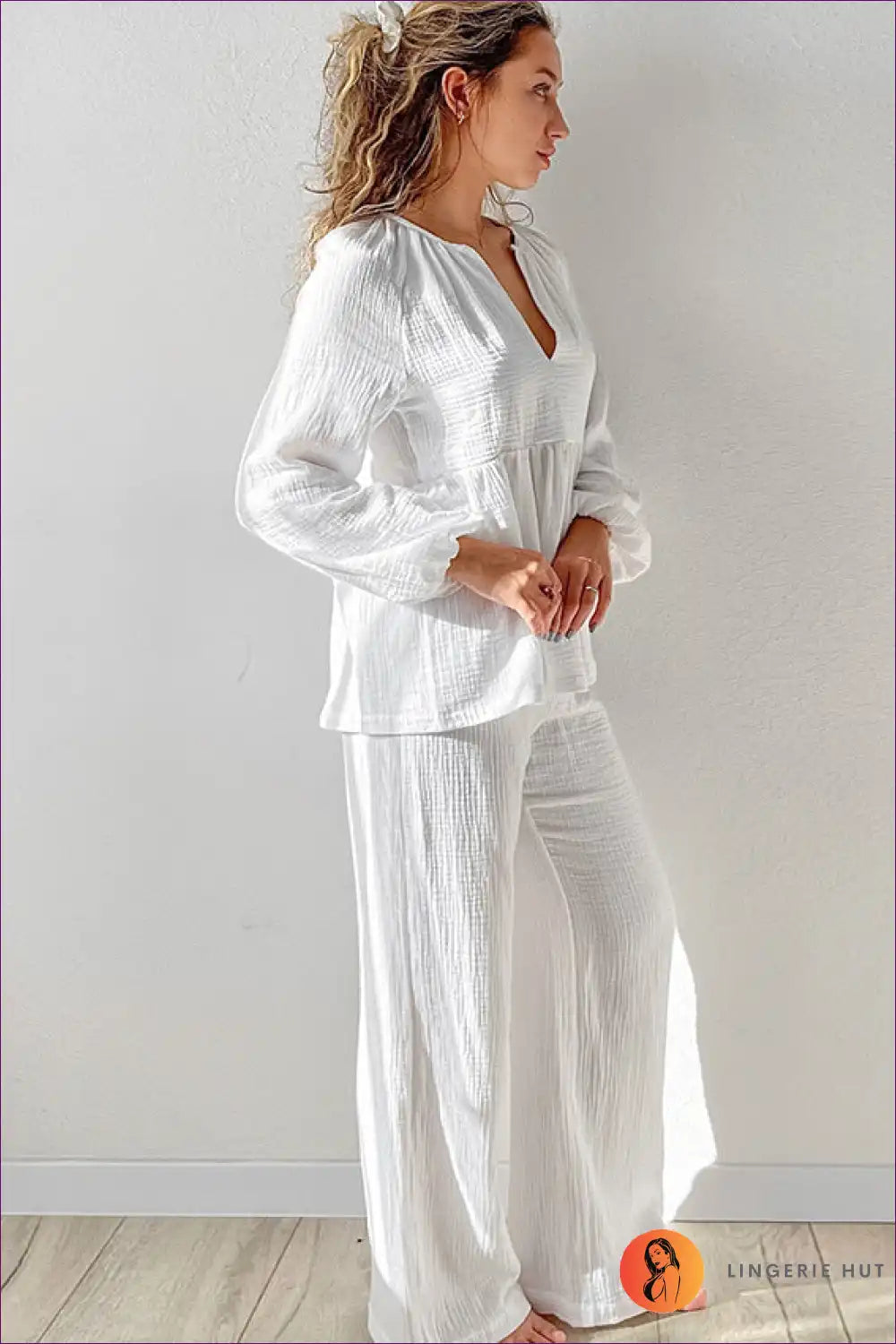 Pyjama Set with Gathered Details - Serene Mornings for All Season, Casual, Cotton, Everyday,