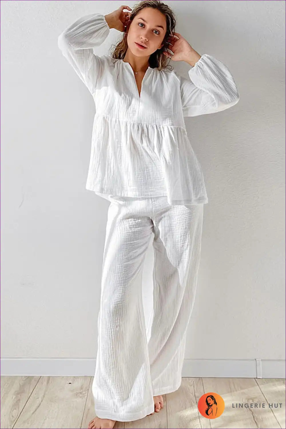 Pyjama Set with Gathered Details - Serene Mornings for All Season, Casual, Cotton, Everyday,
