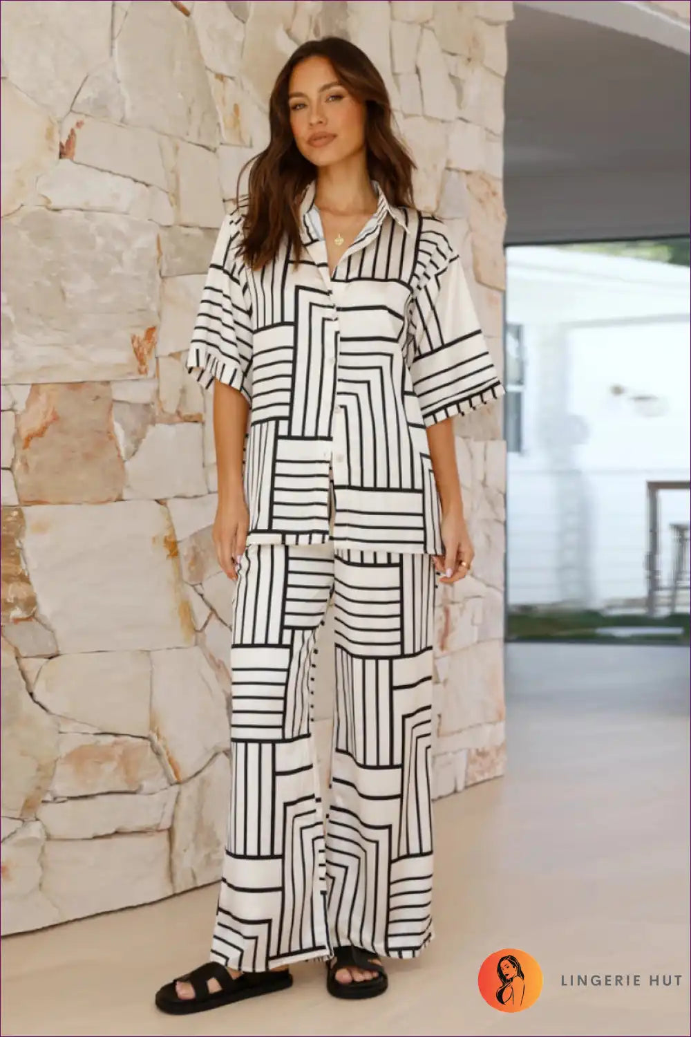 Pyjama Set with Geometric Print - Elevated Lounging for All Season, Autumn, Casual, Everyday,