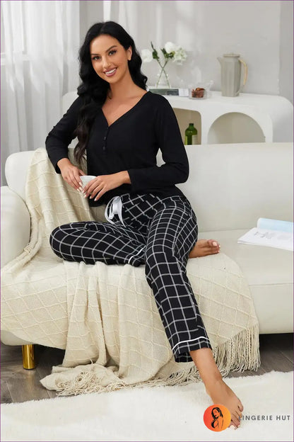 Pyjama Set with Grid Pattern - Modern Evening Ritual for All Season, Casual, Everyday, just In, Loungewear