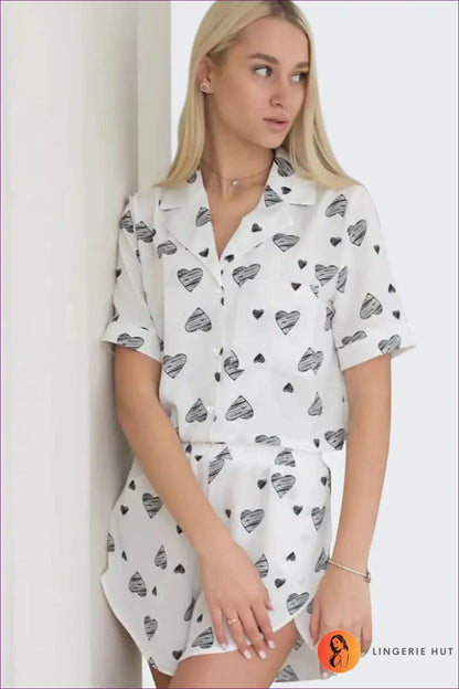 Pyjama Set with Heart Motifs - Playful Romance for All Season, Casual, Cotton, Everyday,