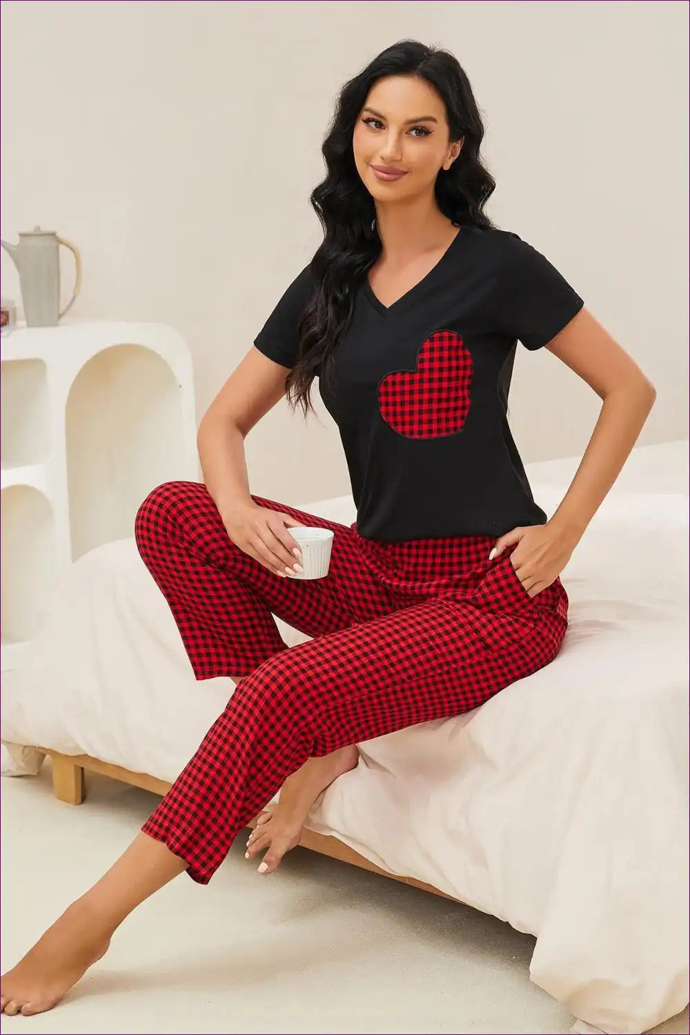 Pyjama Set with Heart Print - Playful Evening Ritual for All Season, Casual, Cotton, Everyday, Jersey