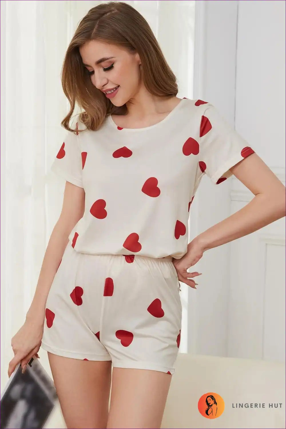 Pyjama Set with Heart Print - Sweet Dreams Comfort for All Season, Casual, Everyday, Jersey,