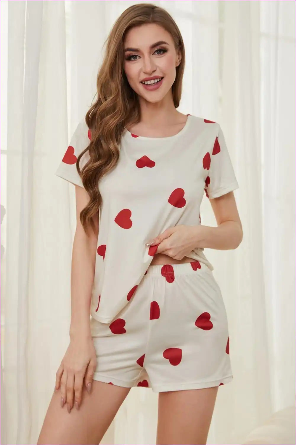 Pyjama Set with Heart Print - Sweet Dreams Comfort for All Season, Casual, Everyday, Jersey,