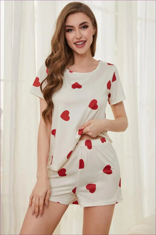 Pyjama Set with Heart Print - Sweet Dreams Comfort for All Season, Casual, Everyday, Jersey,
