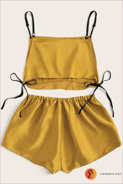 Pyjama Set with Satin Crop Top - Relaxed Evening Ritual - s / Turmeric - Lingerie Hut - All Season • Casual • Everyday