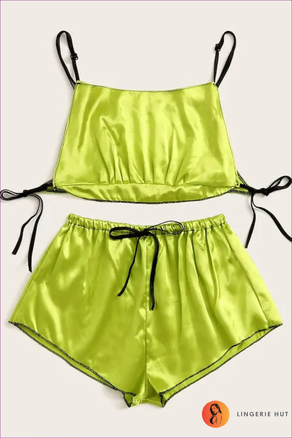 Pyjama Set with Satin Crop Top - Relaxed Evening Ritual - s / Fluorescent Green - Lingerie Hut - All Season • Casual