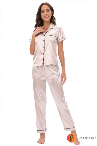 Pyjama Set with Satin Finish and Contrast Piping - Cosy Night Ritual for All Season, Casual, Everyday,