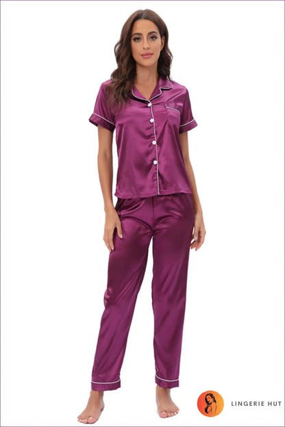 Pyjama Set with Satin Finish and Contrast Piping - Cosy Night Ritual for All Season, Casual, Everyday,