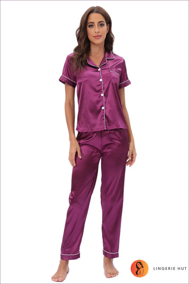 Satin Pyjama Set with Contrast Piping - Luxe Nights In