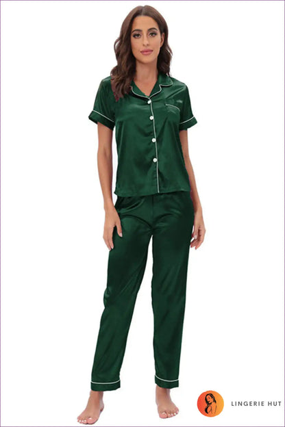 Pyjama Set with Satin Finish and Contrast Piping - Cosy Night Ritual for All Season, Casual, Everyday,