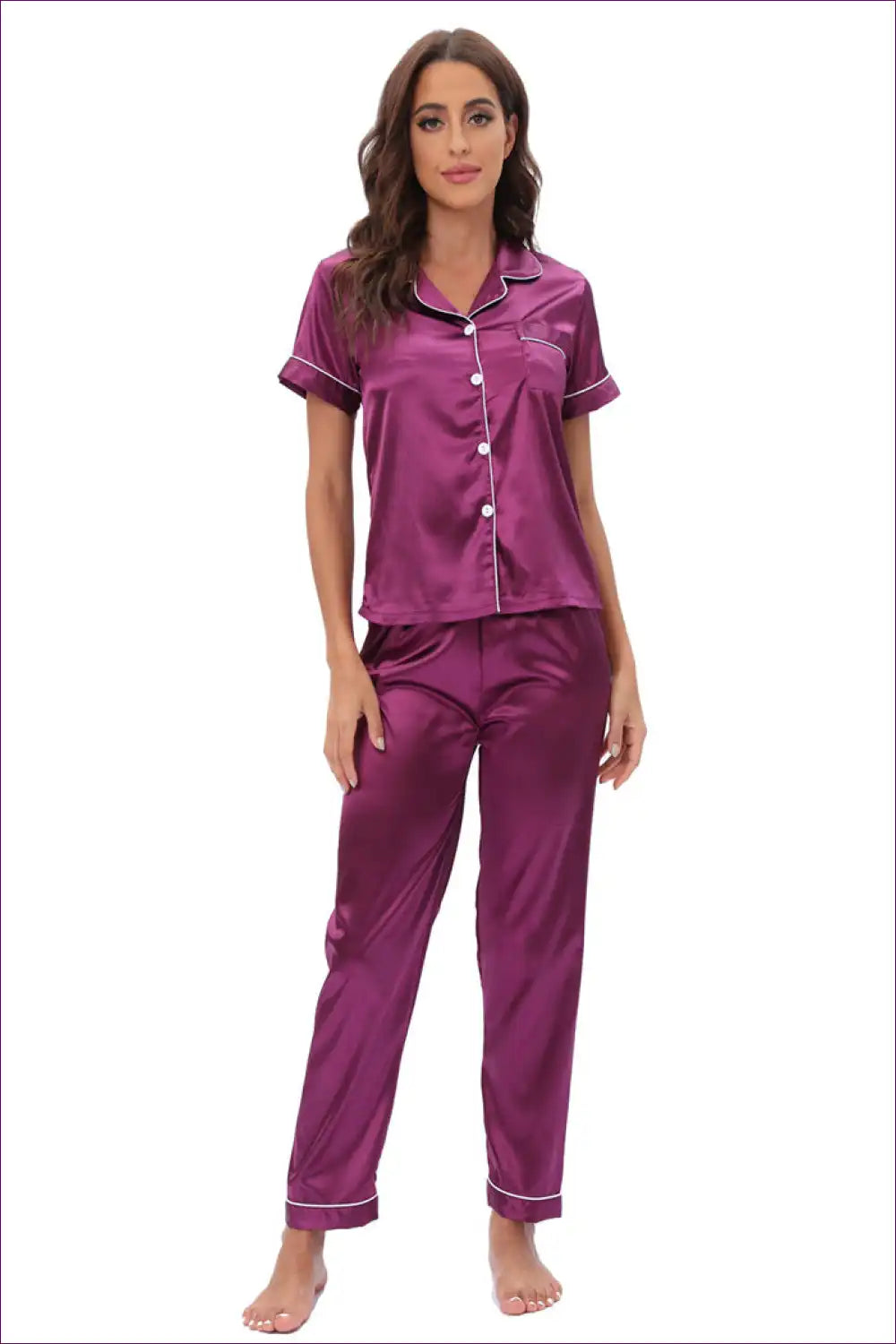 Pyjama Set with Satin Finish and Contrast Piping - Cosy Night Ritual for All Season, Casual, Everyday,
