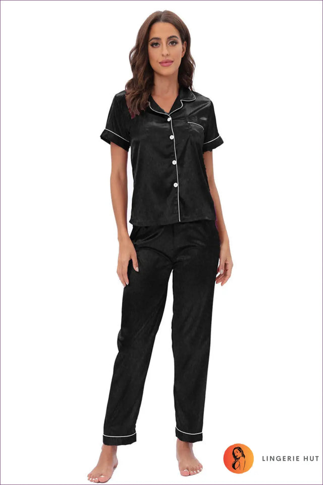 Satin Pyjama Set with Contrast Piping - Luxe Nights In
