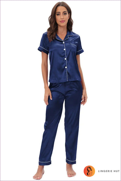 Pyjama Set with Satin Finish and Contrast Piping - Cosy Night Ritual for All Season, Casual, Everyday,