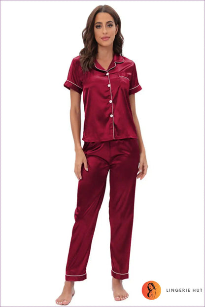 Pyjama Set with Satin Finish and Contrast Piping - Cosy Night Ritual for All Season, Casual, Everyday,