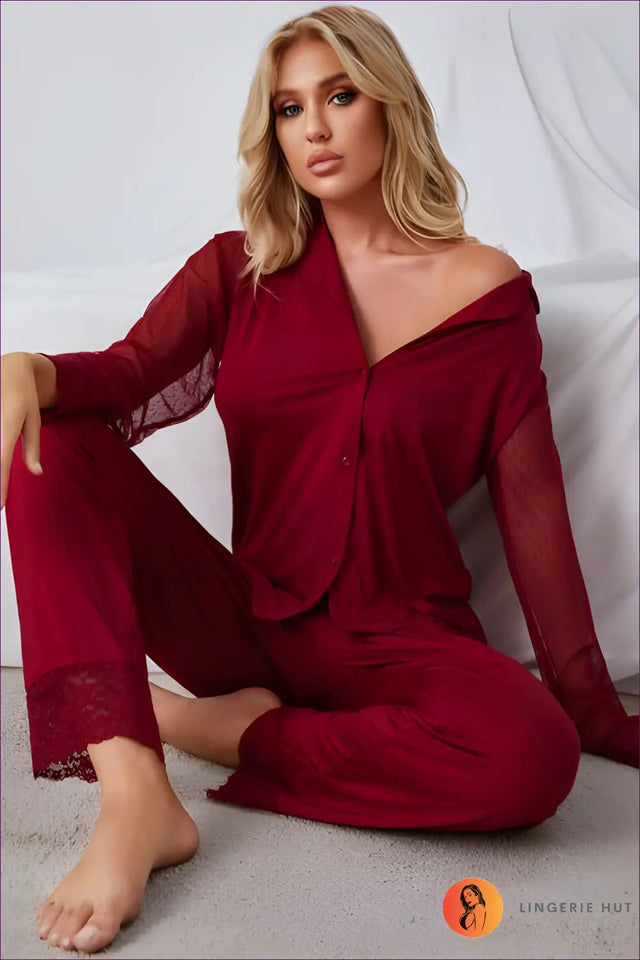 Pyjama Set with Sheer Button-Up Blouse - Effortless Glamour