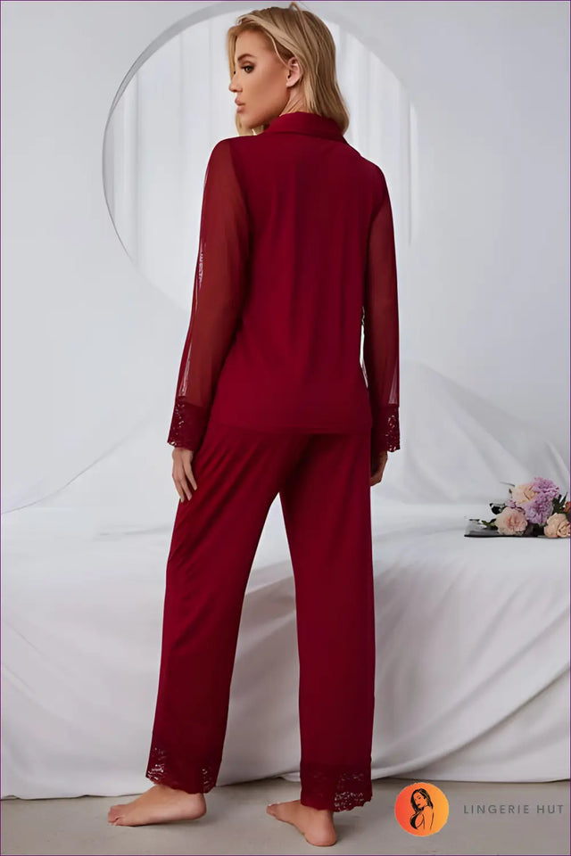Pyjama Set with Sheer Button-Up Blouse - Effortless Glamour