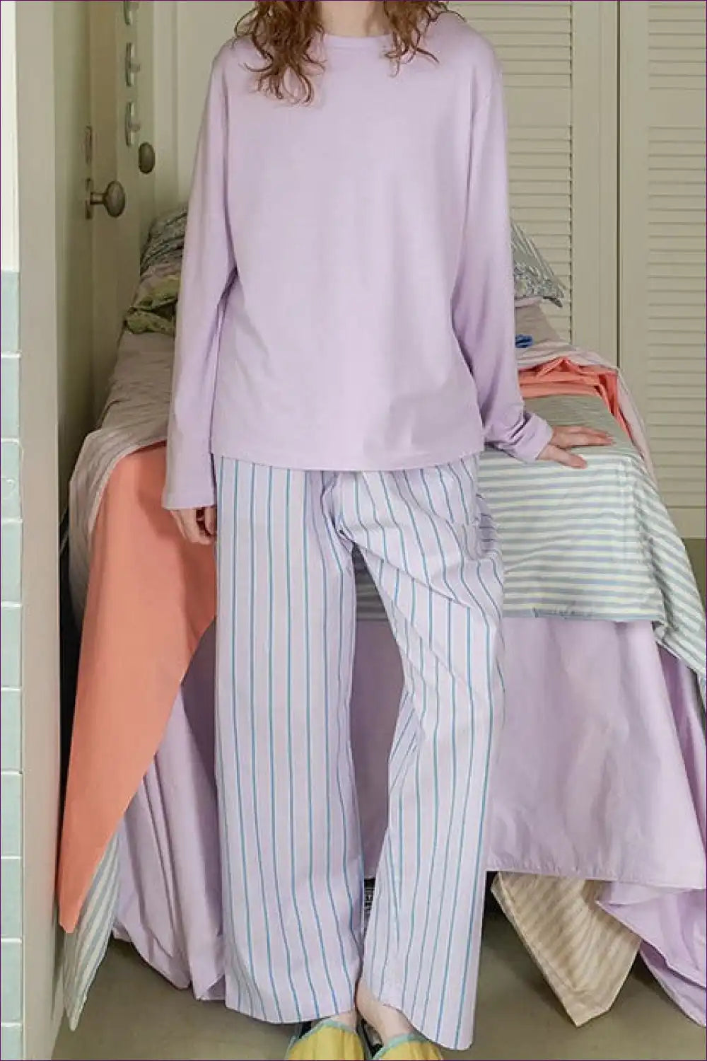 Pyjama Set with Striped Bottoms - Dreamy Mornings for All Season, Casual, Cotton, Everyday,