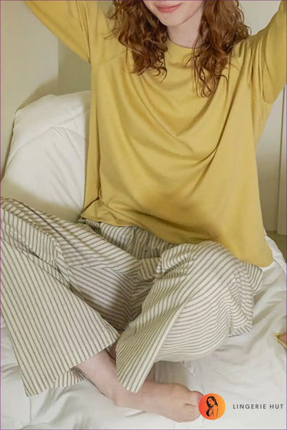 Pyjama Set with Striped Bottoms - Dreamy Mornings for All Season, Casual, Cotton, Everyday,