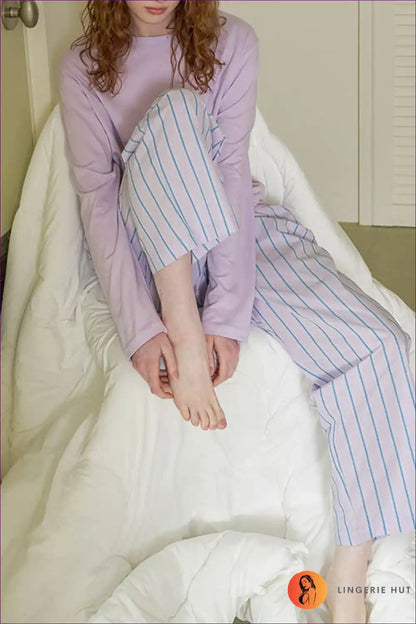 Pyjama Set with Striped Bottoms - Dreamy Mornings for All Season, Casual, Cotton, Everyday,
