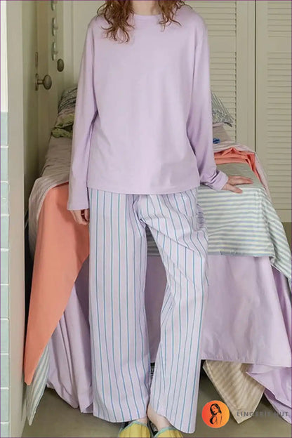 Pyjama Set with Striped Bottoms - Dreamy Mornings for All Season, Casual, Cotton, Everyday,