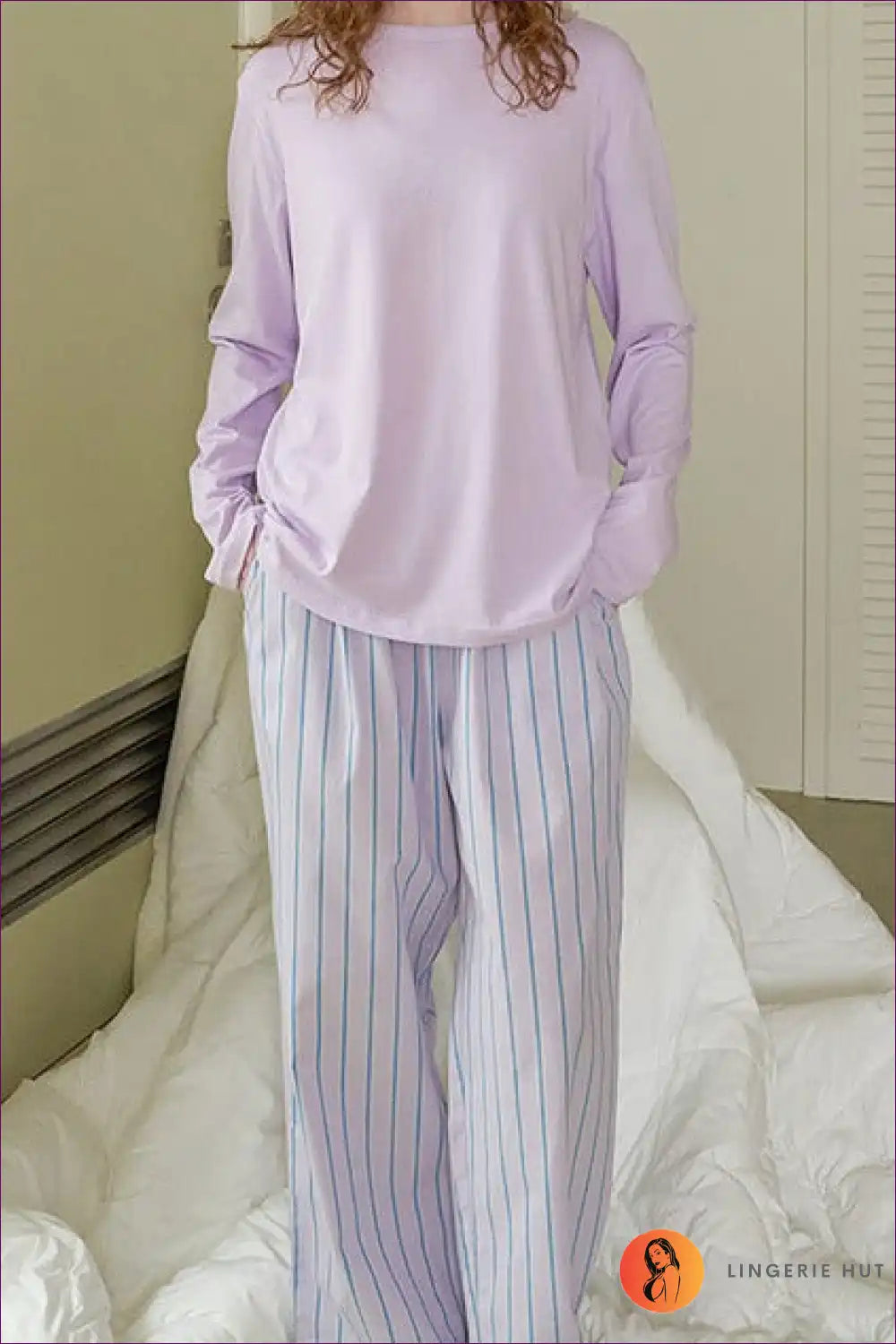Pyjama Set with Striped Bottoms - Dreamy Mornings for All Season, Casual, Cotton, Everyday,