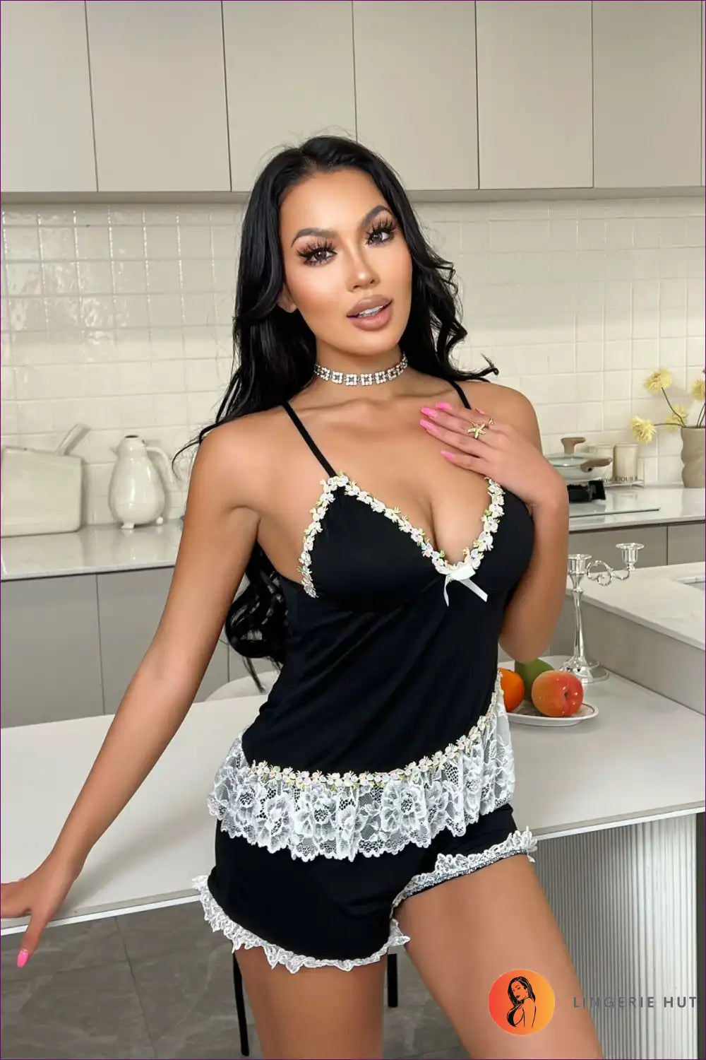 Pyjama Shorts Set with Lace Trim - Cosy Morning Ritual for All Season, Casual, Everyday, Floral,