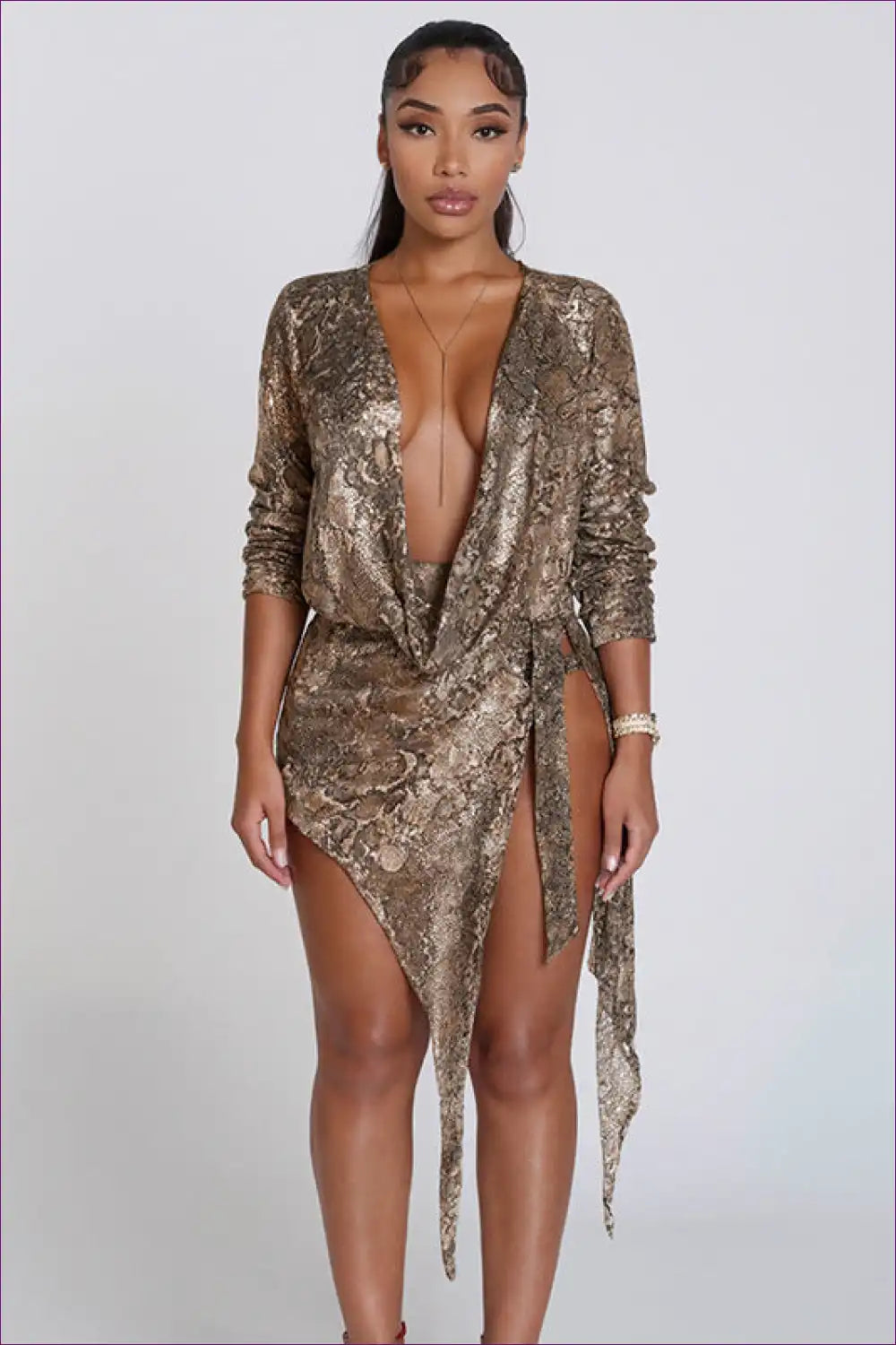 Python Print Cowl-neck Mini Dress for Night-outs - Subtle Drama Animal, Bodycon, High-low Dress, Night Out,