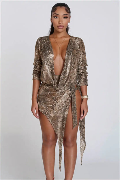 Python Print Cowl-neck Mini Dress for Night-outs - Subtle Drama Animal, Bodycon, High-low Dress, Night Out,