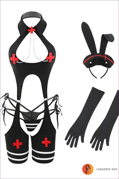 Rabbit Nurse Bodysuit Costume with Bunny Ears - Playful Mischief for Animal, Bodysuit, Boudoir, Bunny,