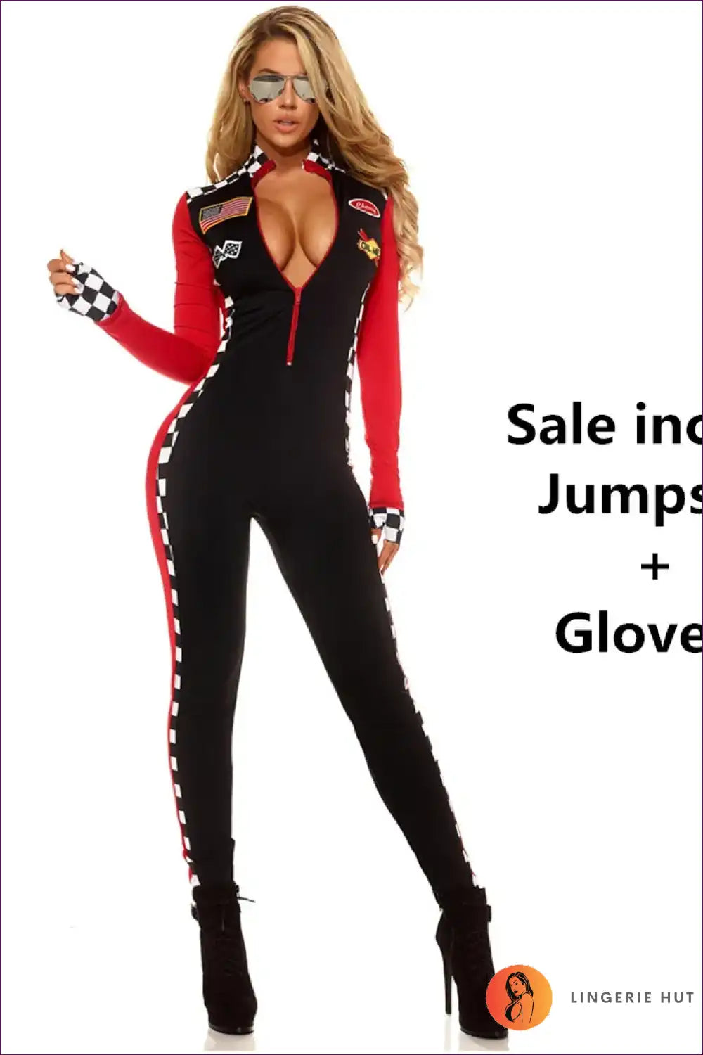 Race Car Driver Costume with Checkered Trim - Bold Velocity for Clubwear, Costume, Evening Wear, Glamour,
