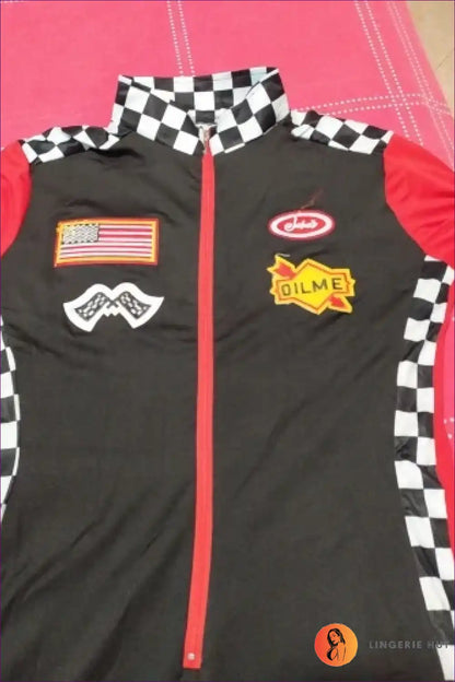 Race Car Driver Costume with Checkered Trim - Bold Velocity for Clubwear, Costume, Evening Wear, Glamour,