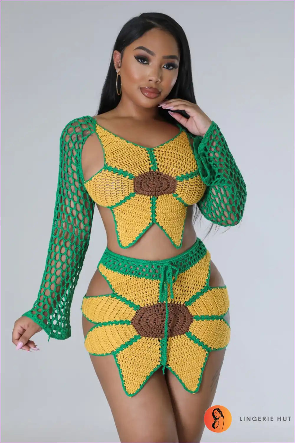 Bring Sunshine To Your Beach Days With Our Radiant Hand-crocheted Sunflower Beach Suit. Crafted Artisan Care