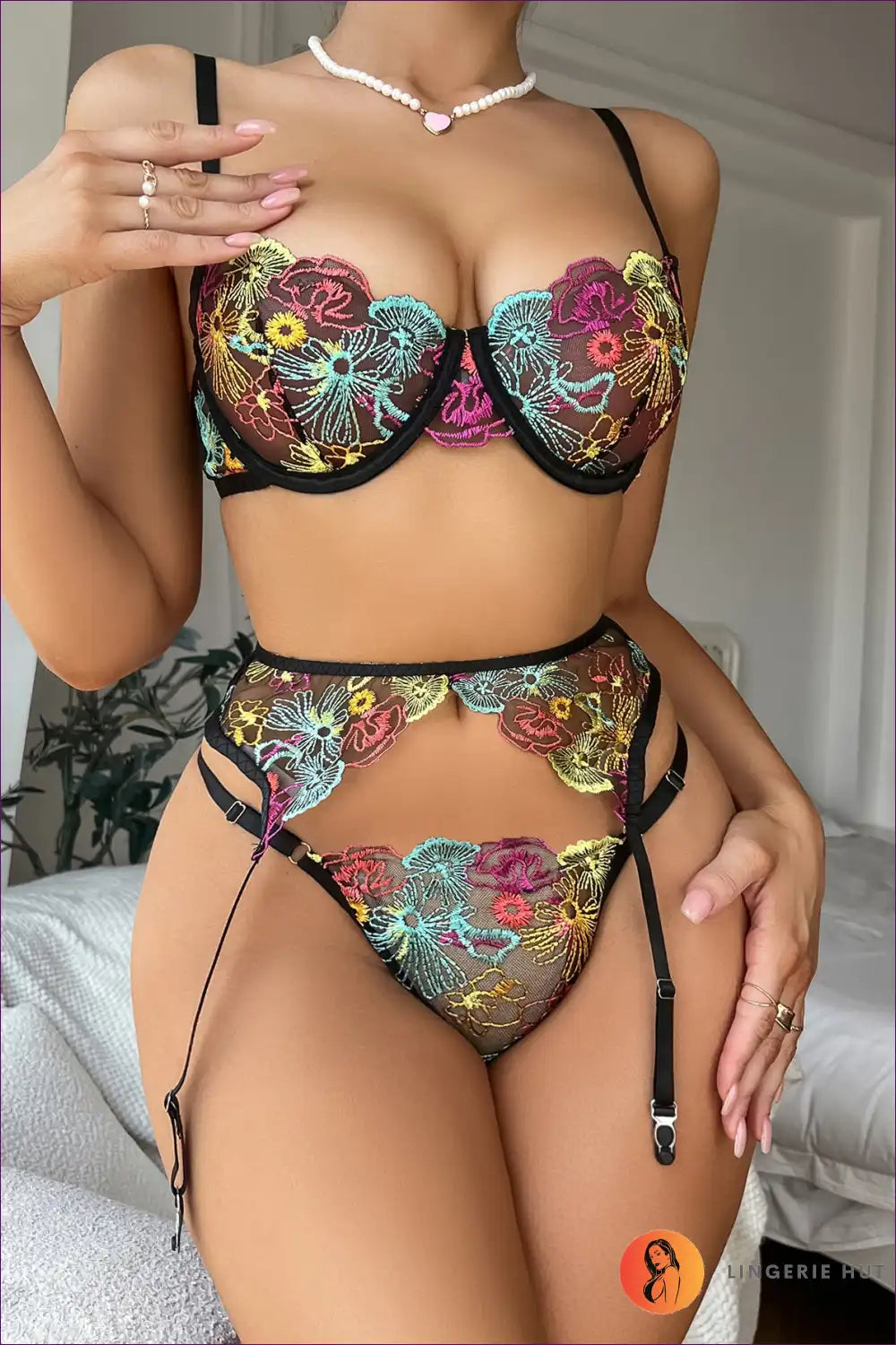 Rainbow Floral Embroidered Lingerie Set - Bold & Alluring for Boudoir, Garter, Glamour, Lingerie, Mesh