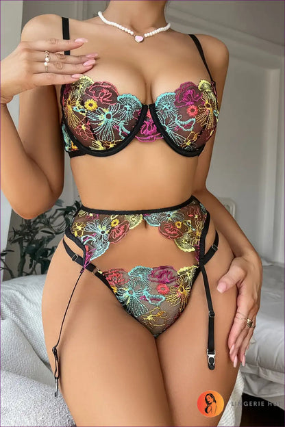 Rainbow Floral Embroidered Lingerie Set - Bold & Alluring for Boudoir, Garter, Glamour, Lingerie, Mesh